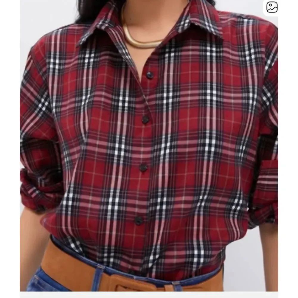 Tuckernuck Nadine Boyfriend Button Down in red plaid sz Medium